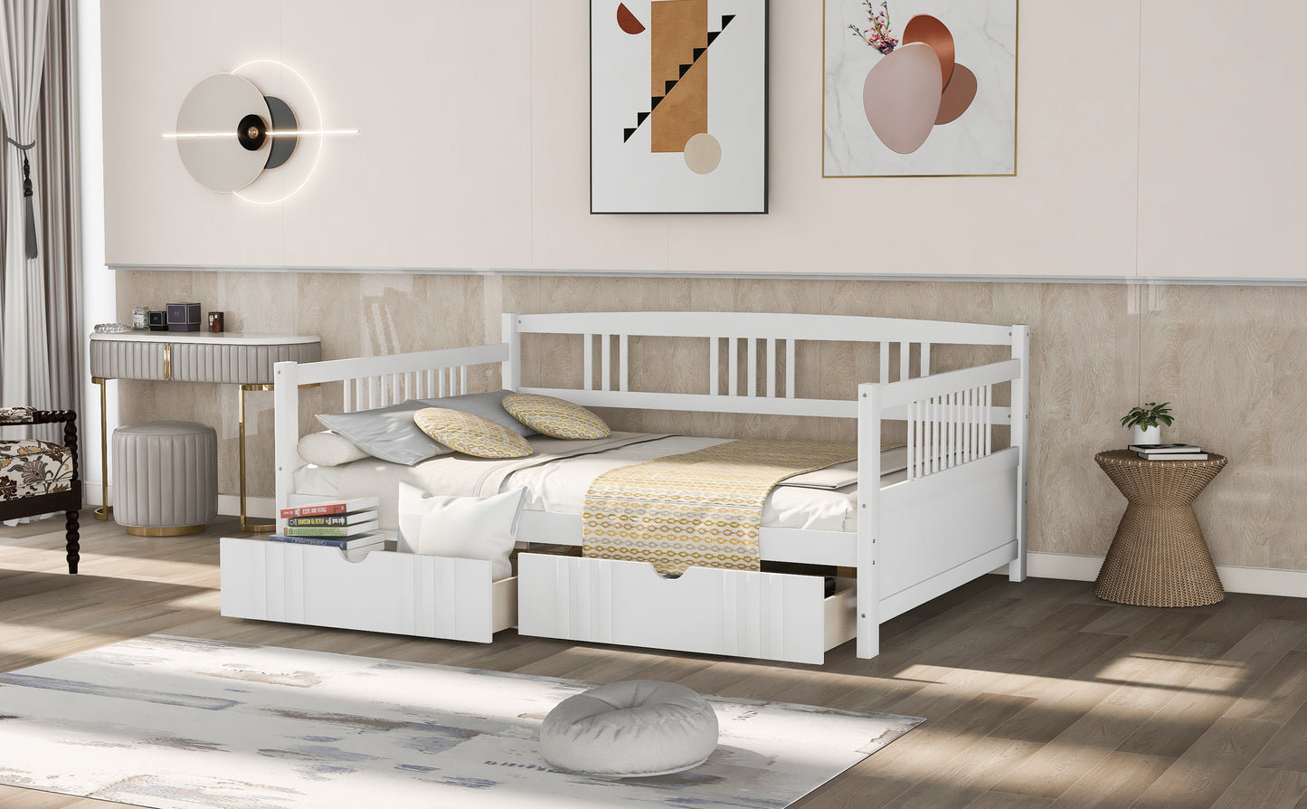 Full Size Daybed Wood Bed with Two Drawers,White