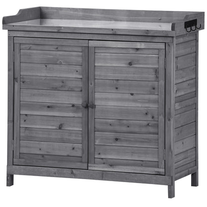 TOPMAX Outdoor 39" Potting Bench Table, Rustic Garden Wood Workstation Storage Cabinet Garden Shed with 2-Tier Shelves and Side Hook, Grey