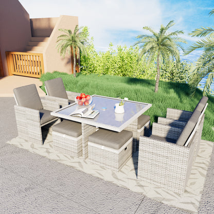 9 piece all-weather PE rattan terrace outdoor dining dialogue combination, with coffee table, chair, ottomans storage, removable cushion (light grey rattan, dark grey cushion)