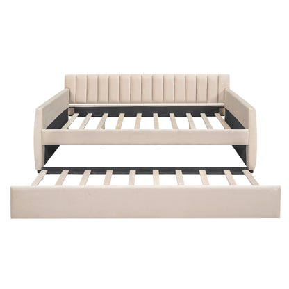 Full Size Upholstered daybed with Trundle and Wood Slat Support, Beige