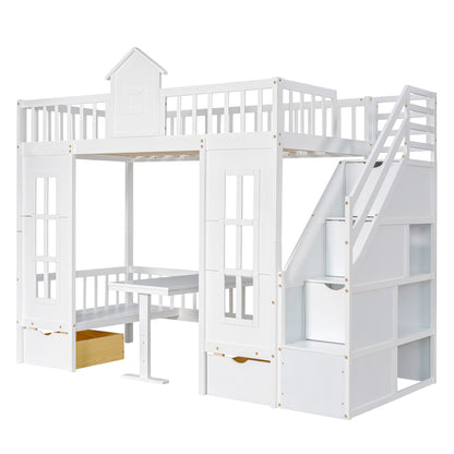 Twin-Over-Twin Bunk Bed with Changeable Table , Bunk Bed  Turn into Upper Bed and Down Desk with 2 Drawers - White