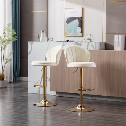 Set of 2  Bar Stools,with Chrome Footrest and Base Swivel Height Adjustable Mechanical Lifting Velvet + Golden Leg Simple Bar Stool-Cream