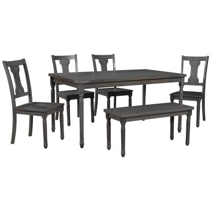 TREXM Classic Dining Set Wooden Table and 4 Chairs with Bench for Kitchen Dining Room, Gray (Set of 6)