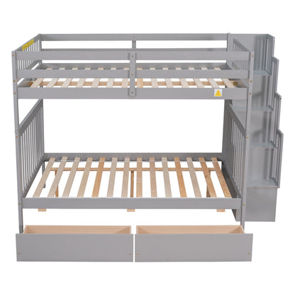 Full Over Full Bunk Bed with 2 Drawers and Staircases, Convertible into 2 Beds, the Bunk Bed with Staircase and Safety Rails for Kids, Teens, Adults, Grey