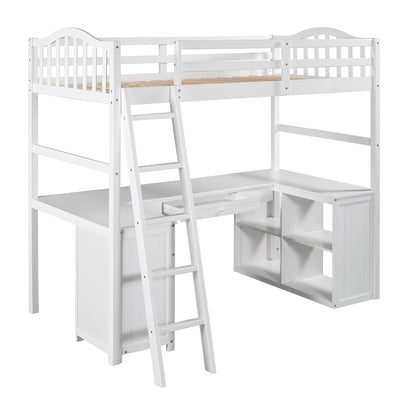Twin size Loft Bed with Drawers, Cabinet, Shelves and Desk, Wooden Loft Bed with Desk - White(OLD SKU :LP000505AAK)