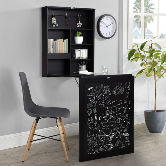 Folding Wooden Wall-Mounted Table Drop-Leaf Desk with Storage Shelves, Black