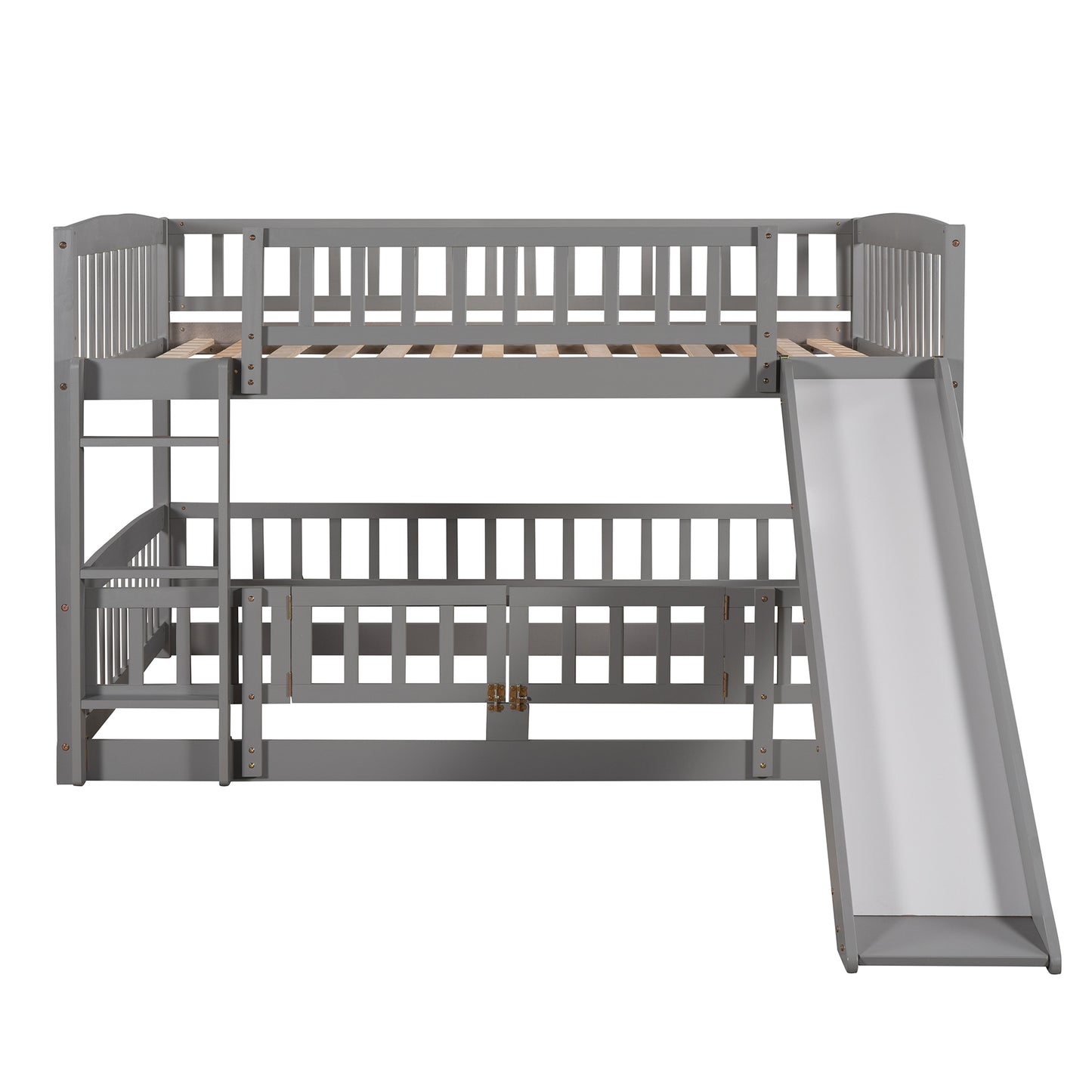 Bunk Bed with Slide,Full Over Full Low Bunk Bed with Fence and Ladder for Toddler Kids Teens Gray