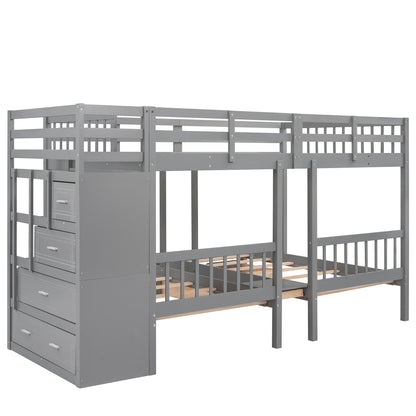 Full Over Twin & Twin Bunk Bed, Wood Triple Bunk Bed with Drawers and Guardrails (Gray)