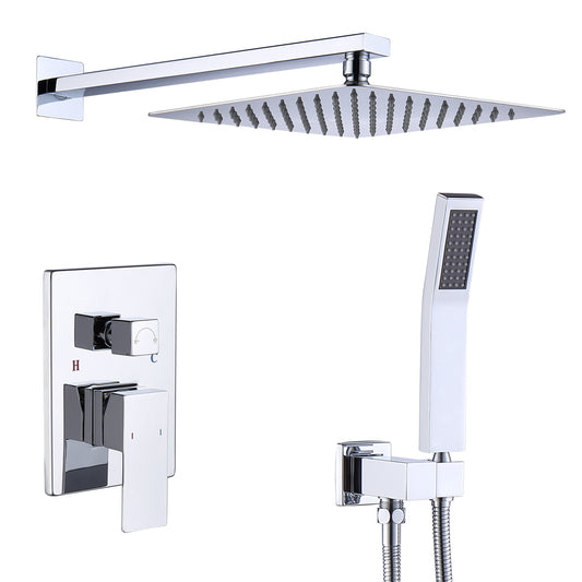 Shower System Shower Faucet Combo Set Wall Mounted with 12" Rainfall Shower Head and handheld shower faucet, Chrome Finish with Brass Valve Rough-In