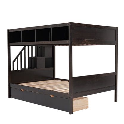 Twin over Full Bunk Bed with Shelfs, Storage Staircase and 2 Drawers, Espresso