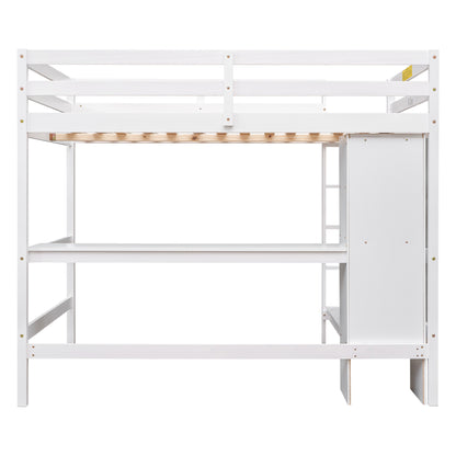 Full Size Loft Bed with Multifunction Shelves and Under-bed Desk, White