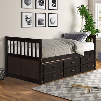 TOPMAX Captain's Bed Twin Daybed with Trundle Bed and Storage Drawers, Espresso