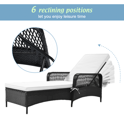 GO Outdoor patio pool PE rattan wicker chair wicker sun lounger, Adjustable backrest, beige cushion, Black wicker (2 sets)