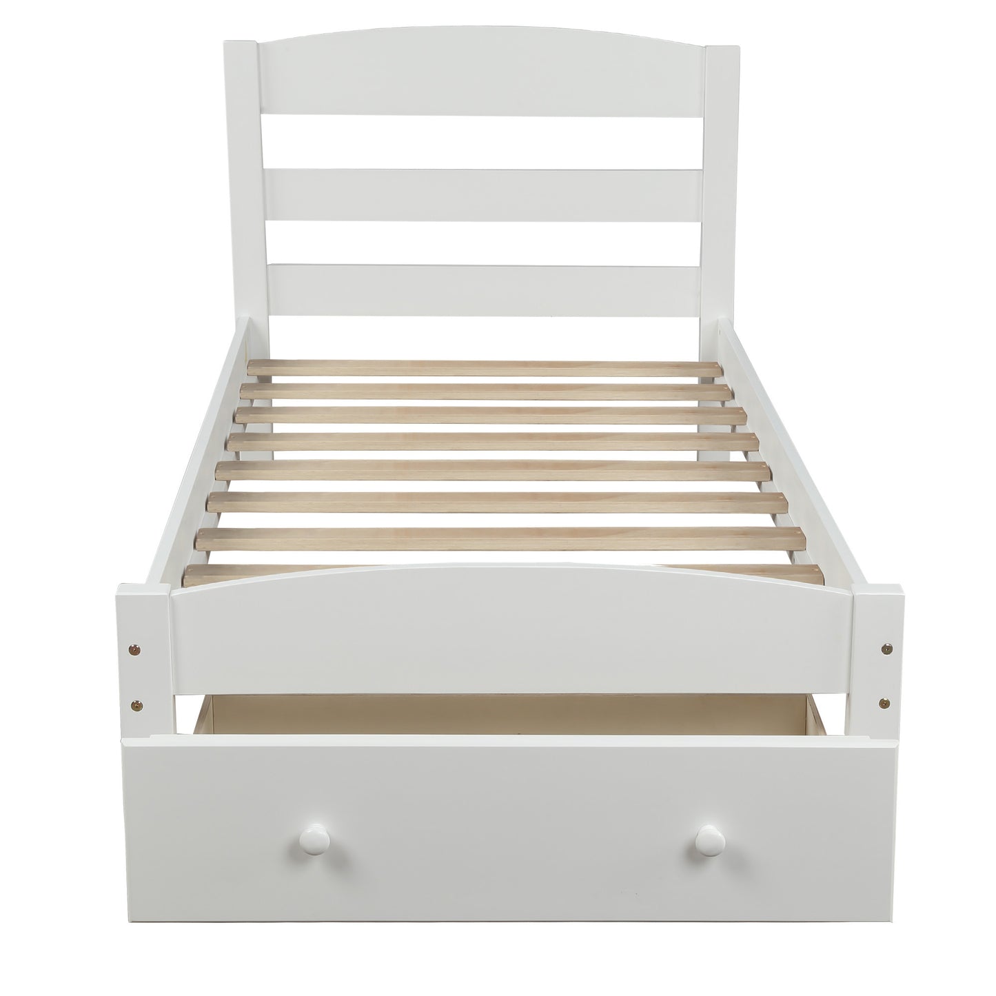 Platform Twin Bed Frame with Storage Drawer and Wood Slat Support No Box Spring Needed, White