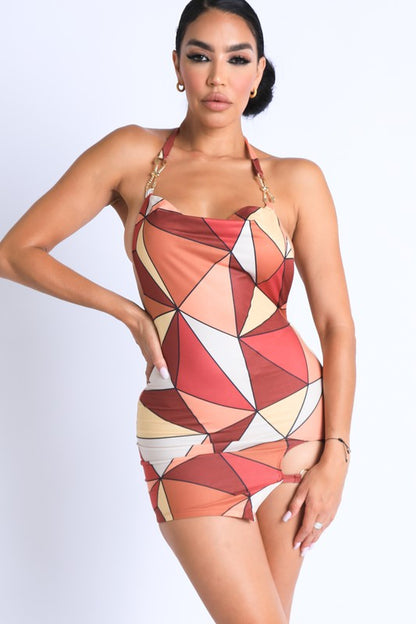 Triangle Color Block Printed Halter Mini Dress