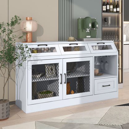 TREXM Kitchen Sideboard Multifunctional Buffet Cabinet with 4 Drawers, Mesh Metal Doors with Adjustable Shelves and Wineglass Holders (White)