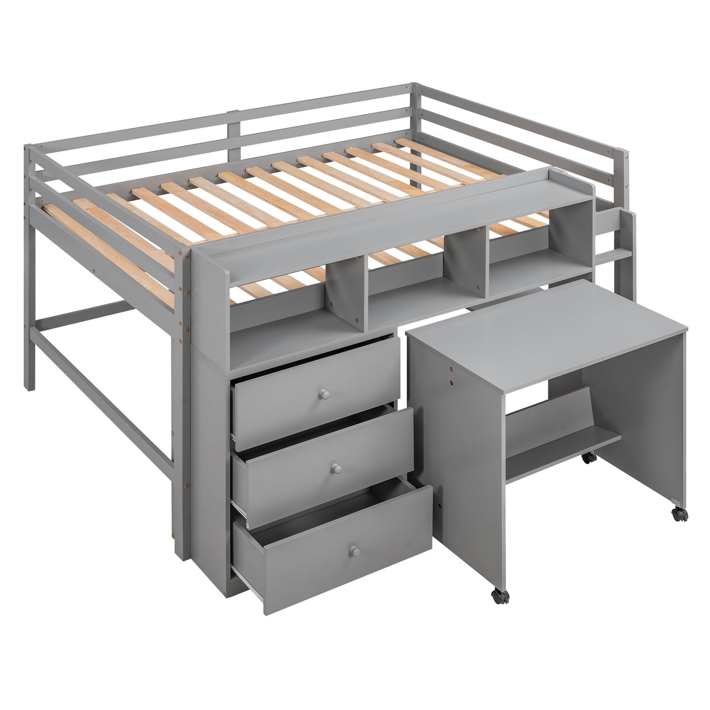 Full Size Low Loft Bed with Rolling Portable Desk, Drawers and Shelves,  Gray