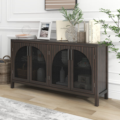 TREXM Large Storage Space Sideboard with Artificial Rattan Door and metal handles for Living Room and Entryway (Espresso)