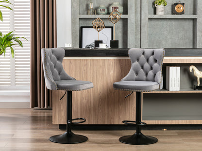 A&A Furniture,Swivel Velvet Barstools Adjusatble Seat Height from 25-33 Inch, Modern Upholstered Bar Stools with Backs Comfortable Tufted for Home Pub and Kitchen Island（Gray,Set of 2）