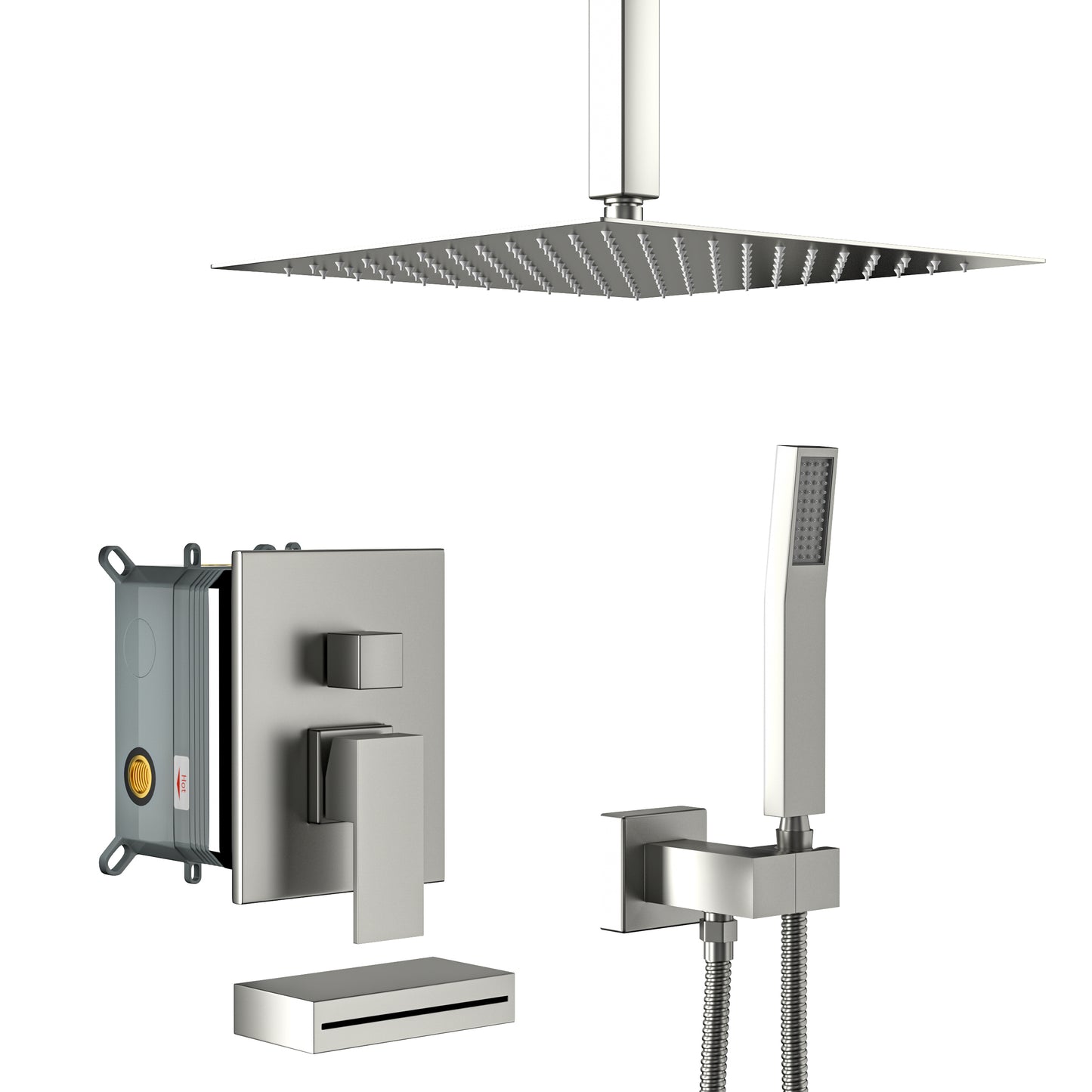 12" Rain Shower Head Systems with Waterfall Tub Spout, Brushed Nickel,Ceiling Mounted shower