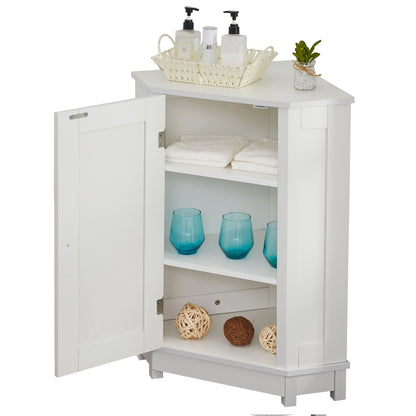 White Bathroom Cabinet Triangle Corner Storage Cabinet with Adjustable Shelf Modern Style MDF Board