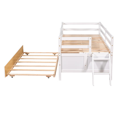 Low Loft Bed Twin Size with Full Safety Fence, Climbing ladder, Storage Drawers and Trundle White Solid Wood Bed