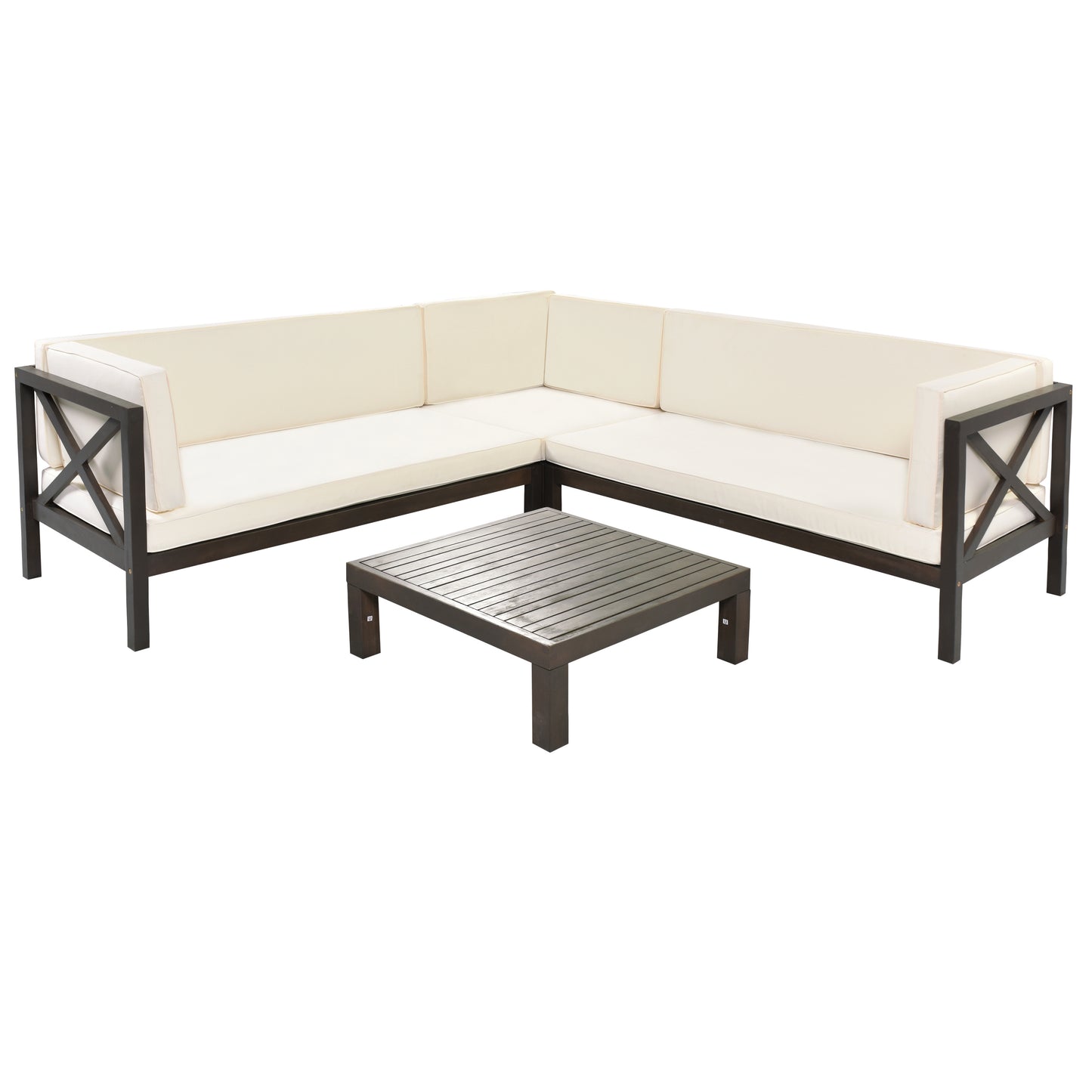 TOPMAX Outdoor Wood Patio Backyard 4-Piece Sectional Seating Group with Cushions and Table X-Back Sofa Set for Small Places, Brown Finish+Beige Cushions