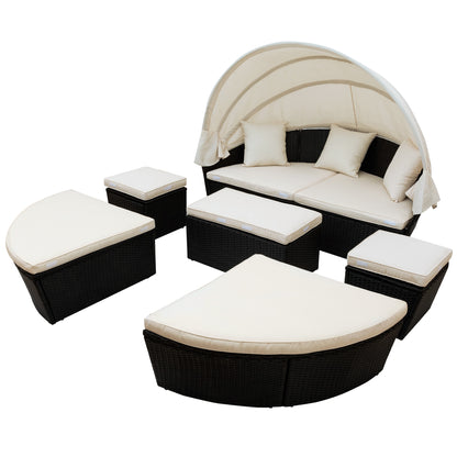 Outdoor rattan daybed sunbed with Retractable Canopy Wicker Furniture, Round Outdoor Sectional Sofa Set, black Wicker Furniture Clamshell  Seating with Washable Cushions, Backyard, Porch, Beige.