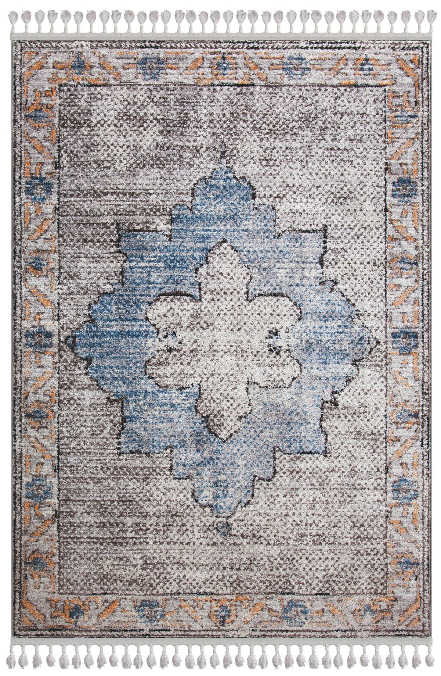 Distressed Medallion Cream and Blue Polypropylene Area Rug 5x8