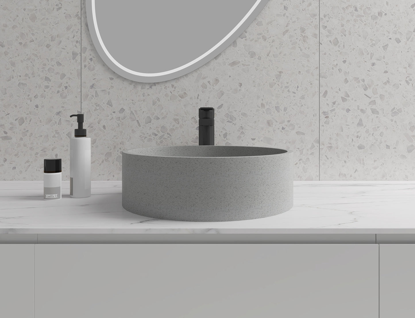 Round Concrete Vessel Bathroom Sink in Grey without Faucet and Drain