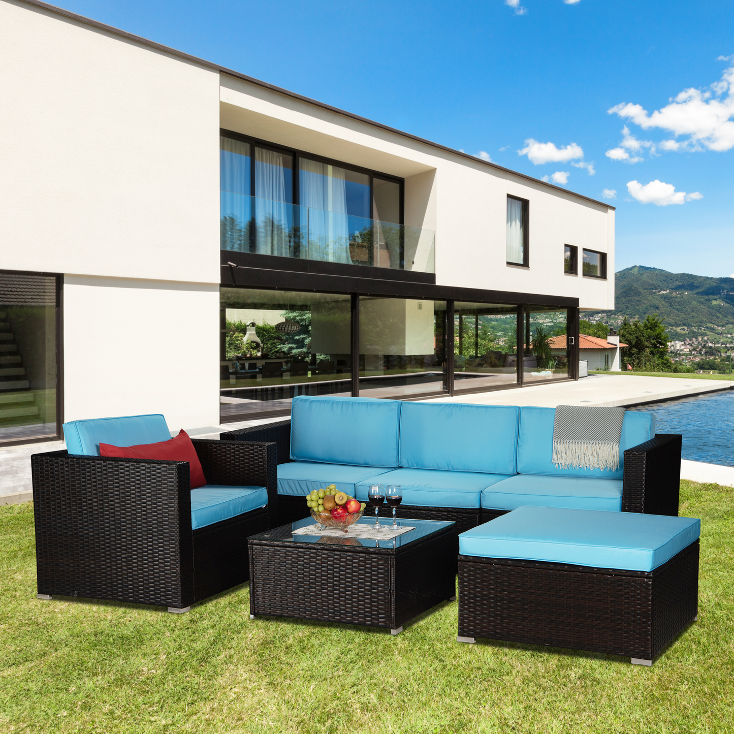 Outdoor Garden Patio Furniture 6-Piece Brown PE Rattan Wicker Sectional Blue Cushioned Sofa Sets with 1 Red Pillow