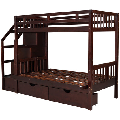 Twin over Full Bunk Bed with Two Drawers and Staircase, Down Bed can be Converted into Daybed,Espresso