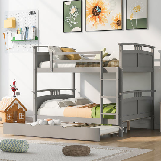 Full-Over-Full Bunk Bed with Twin size Trundle , Separable Bunk Bed for Bedroom - Grey