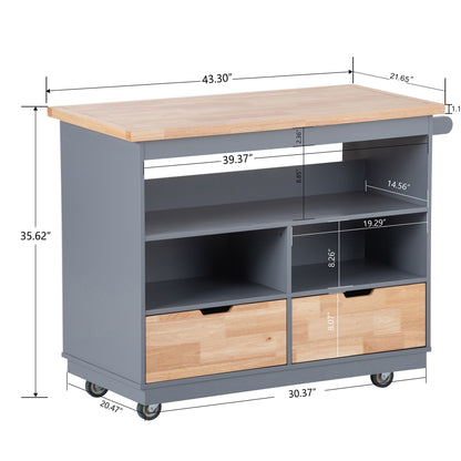 Kitchen Cart Rolling Mobile Kitchen Island Solid Wood Top, Kitchen Cart With 2 Drawers,Tableware Cabinet（Grey Blue）