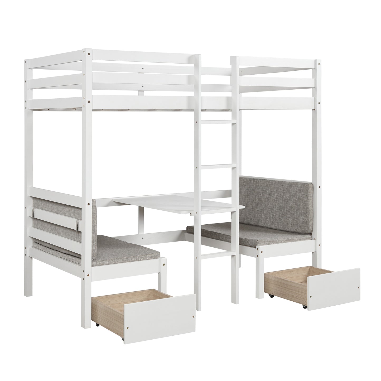 Functional Loft Bed (turn into upper bed and down desk，cushion sets are free),Twin Size,White