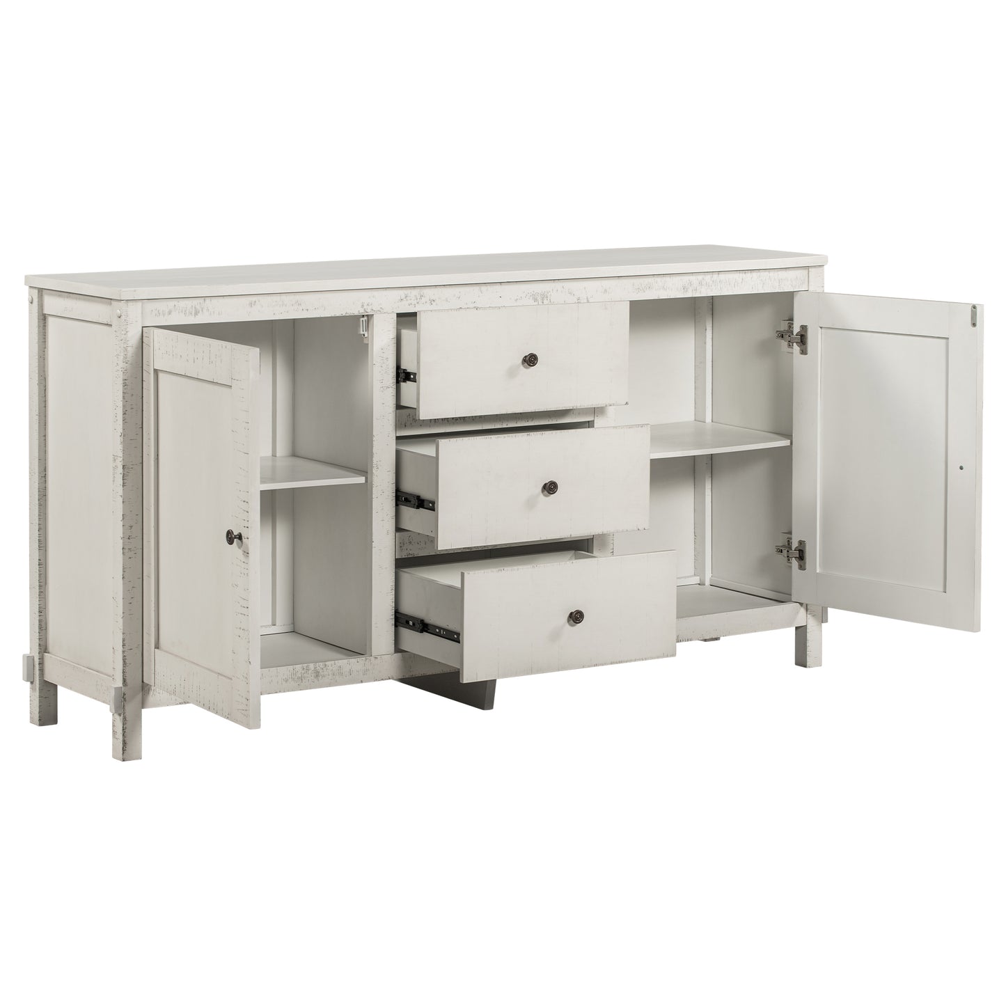 TREXM Retro Solid Wood Buffet Cabinet with 2 Storage Cabinets, Adjustable Shelves and 3 Drawers for Living Room (Antique White)