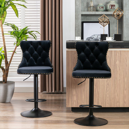 A&A Furniture,Swivel Velvet Barstools Adjusatble Seat Height from 25-33 Inch, Modern Upholstered Bar Stools with Backs Comfortable Tufted for Home Pub and Kitchen Island（Black,Set of 2）