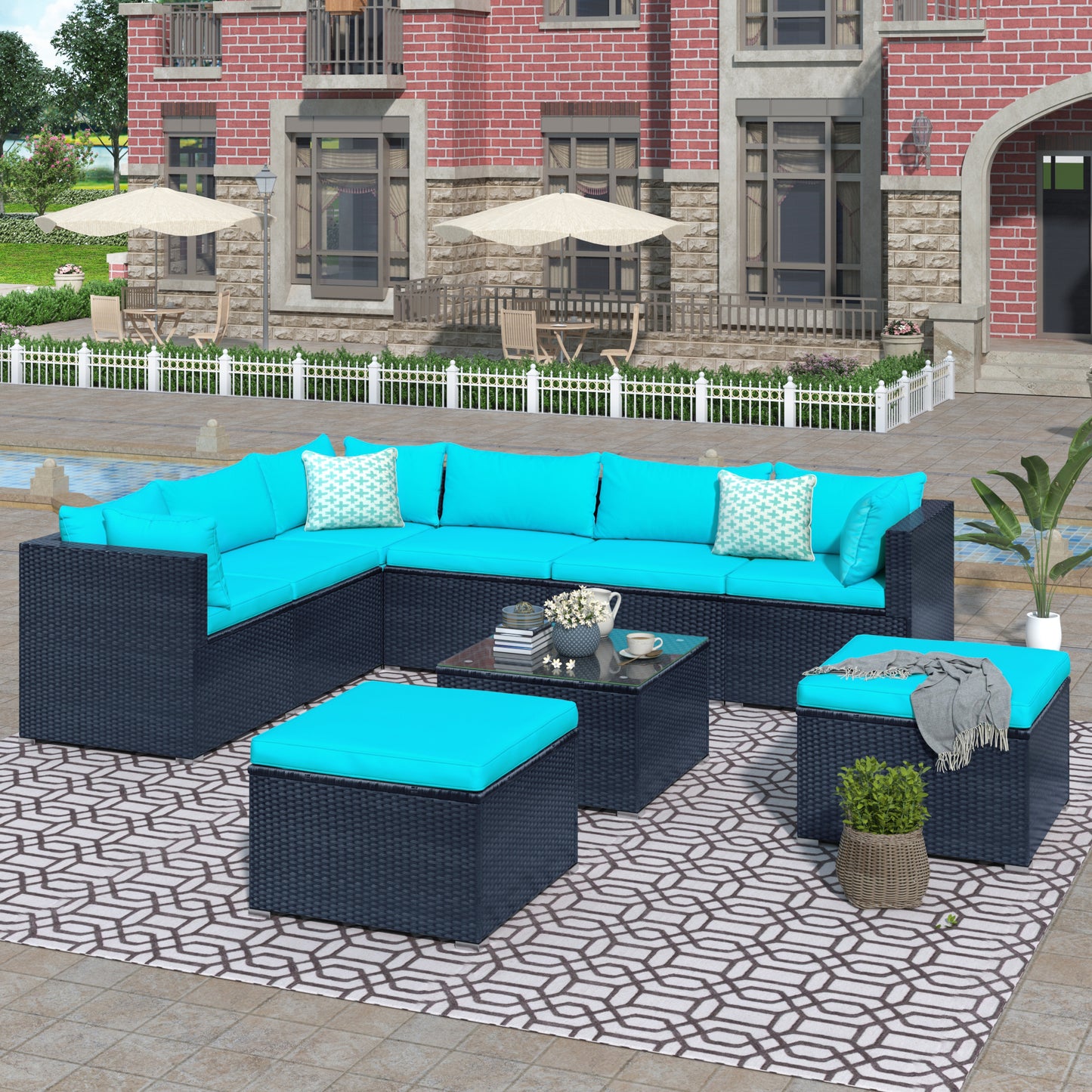 GO 9-piece Outdoor Patio PE Wicker Rattan conversation Sectional Sofa sets with 3 sofa, 3 corner sofa, 2 ottomans, and 1 glass coffee table, removable soft cushions (Black wicker, Blue cushion)