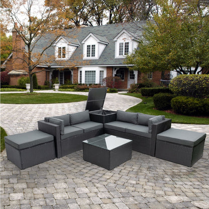 6 Piece Patio Rattan Wicker Outdoor Furniture Conversation Sofa Set with Storage Box Removeable Cushions and Temper glass TableTop