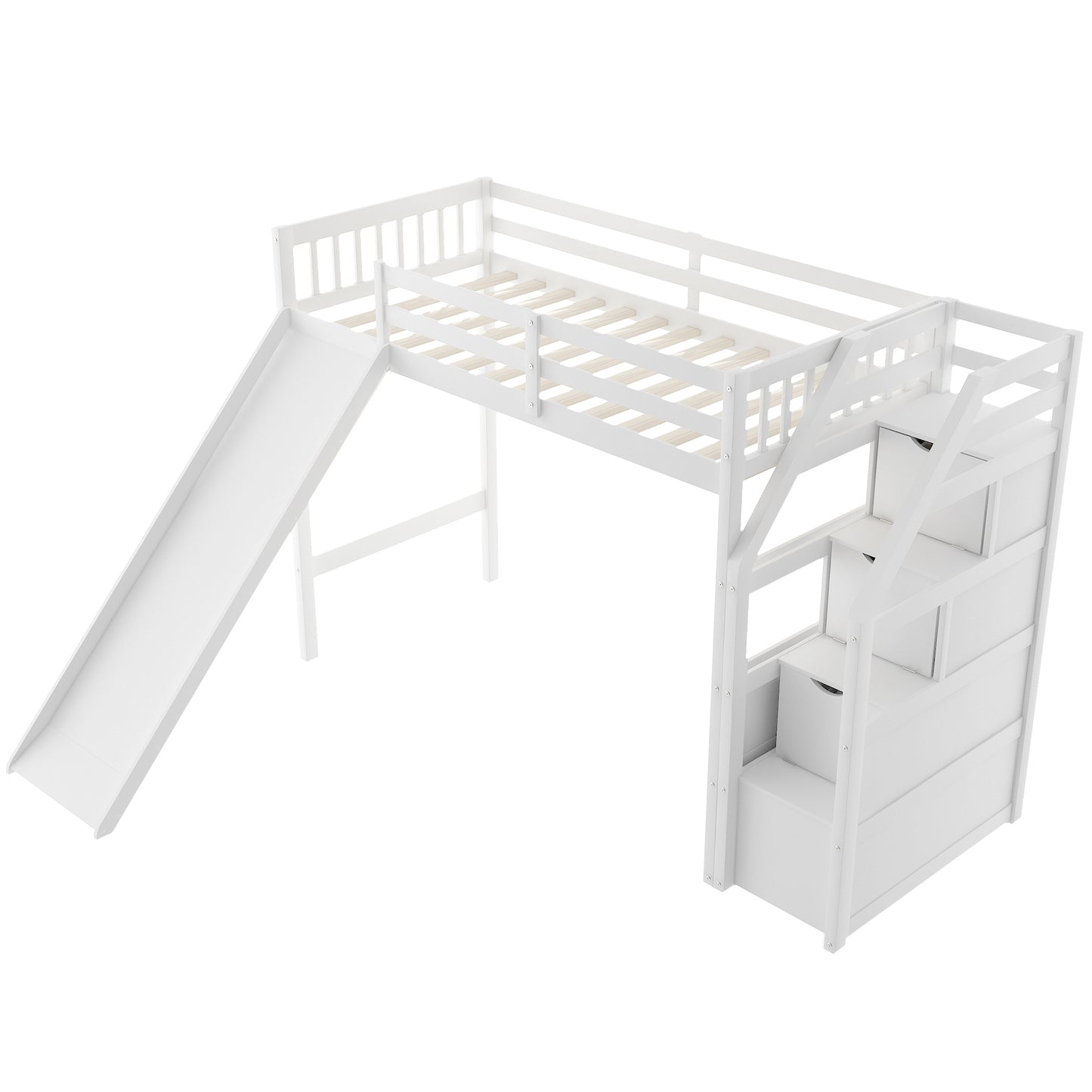 Twin Size Loft Bed with Storage and Slide, White