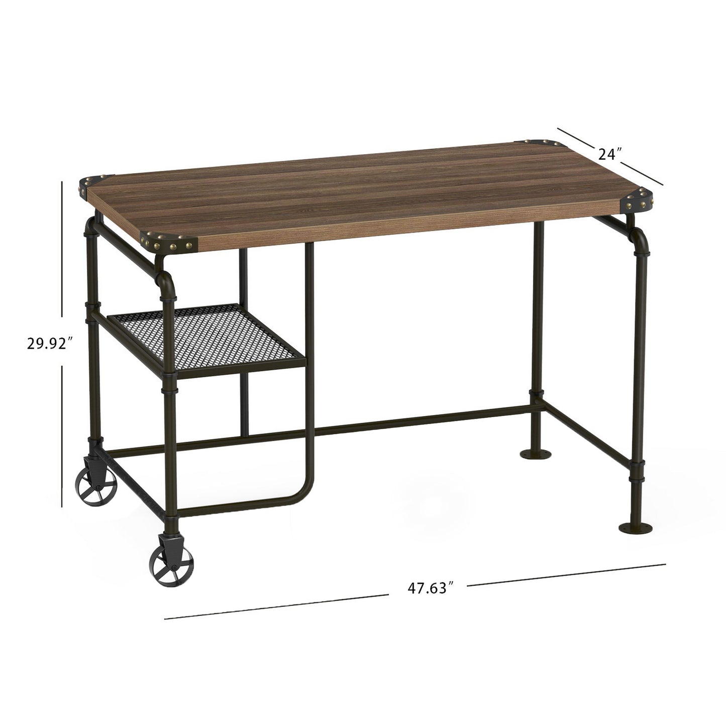 Industrial Metal Writing Desk With Wooden Top, Brown and Black