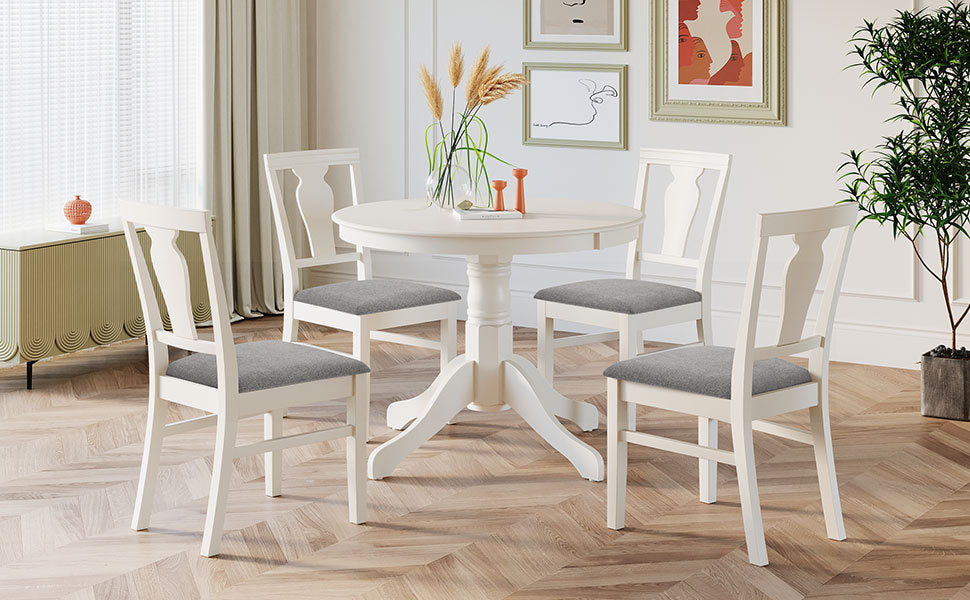 TOPMAX Mid-Century Wood 5-Piece Dining Table Set, Round Kitchen Set with 4 Upholstered Dining Chairs for Small Places, Cream White