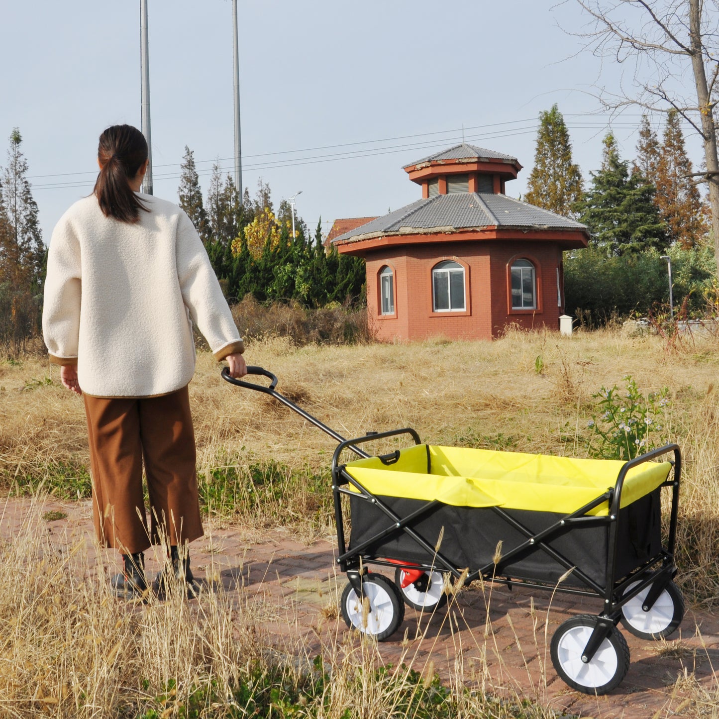 Folding Wagon Garden Shopping Beach Cart (black+yellow)