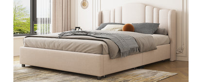 Upholstered Platform Bed with Wingback Headboard and 4 Drawers, No Box Spring Needed, Linen Fabric, Queen Size Beige