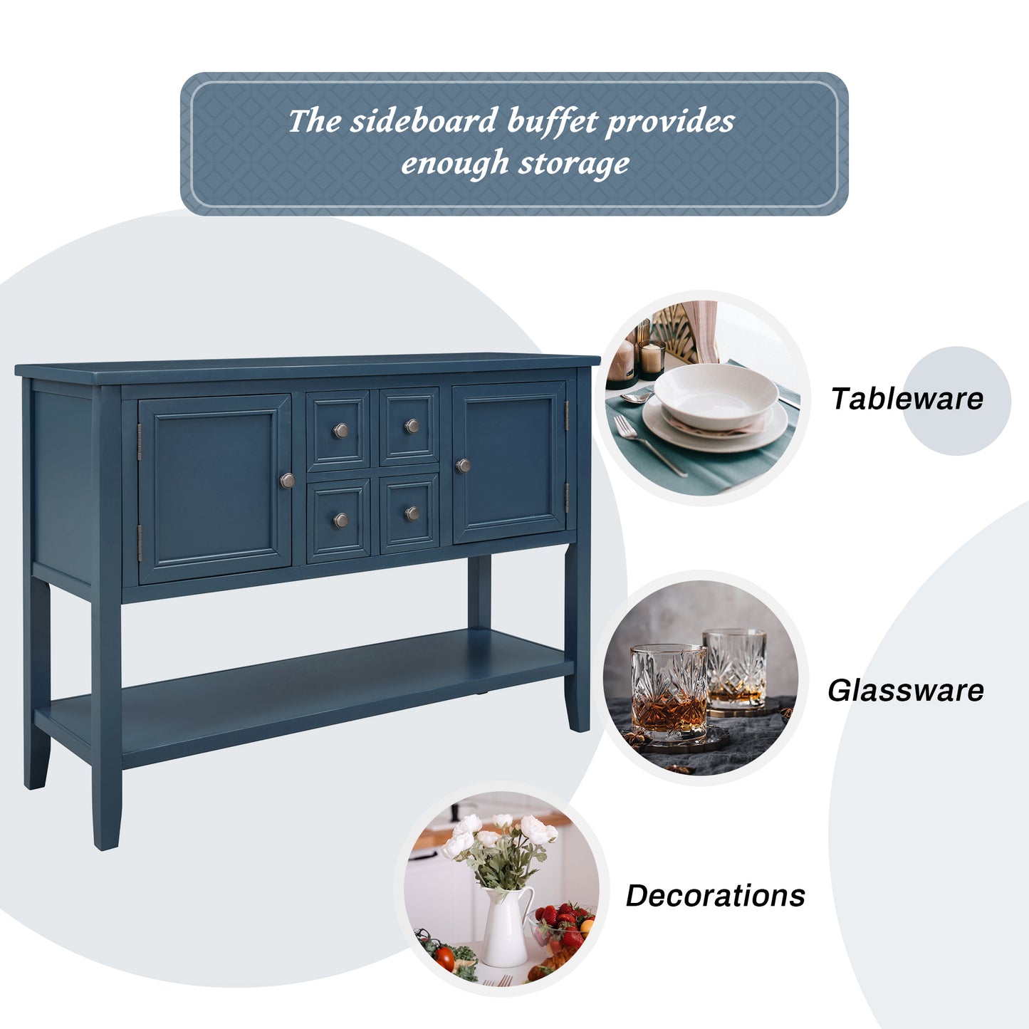 TREXM  Cambridge Series Buffet Sideboard Console Table with Bottom Shelf (Light Navy)