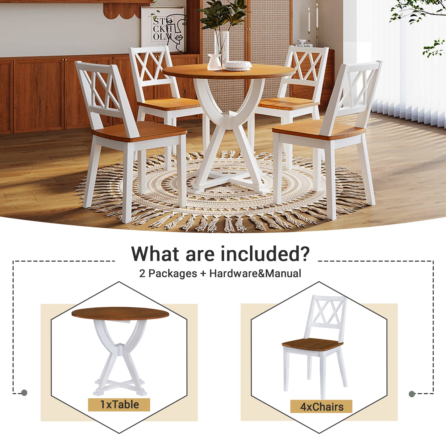 TOPMAX  Mid-Century 5-Piece Round Dining Table Set with Trestle Legs and 4 Cross Back Dining Chairs, Antique Oak+White