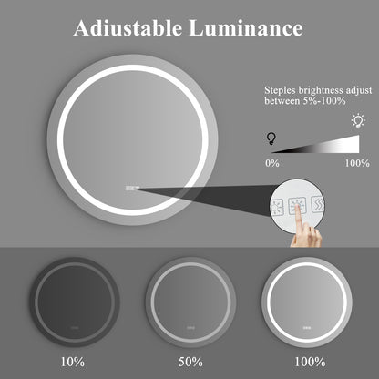 24 Inch LED Round Bathroom Mirror, anti-Fog & Dimming Led Bathroom Vanity Mirror