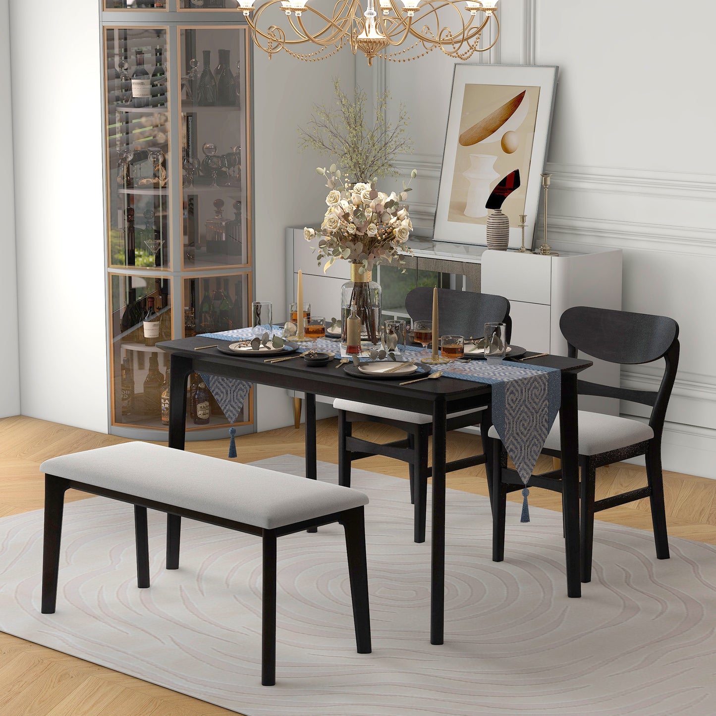 TREXM Dining Table Set for 4, Kitchen Table with 2 Chairs and 1 Bench, Solid Wood Frame and Soft Cushion for Small Space, Dining Room, Office (Espresso)