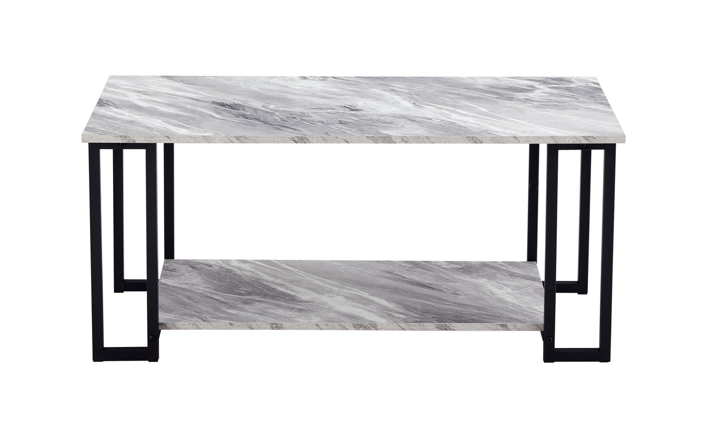 D&N Coffee Table, 2 Layers 1.5cm Thick Marble MDF Rectangle 39.37" L Tabletop Iron Coffee Table , Dining Room,  GREY Top, BLACK Leg