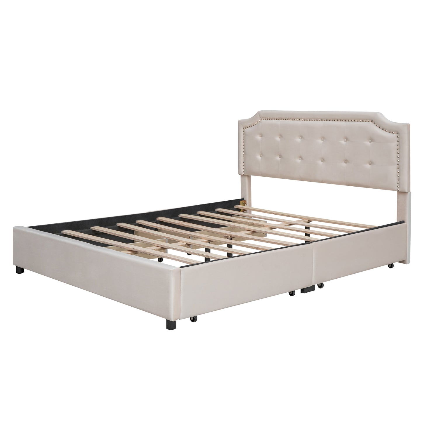 Upholstered Platform Bed with Classic Headboard and 4 Drawers, No Box Spring Needed, Velvet Fabric, Queen Size Beige